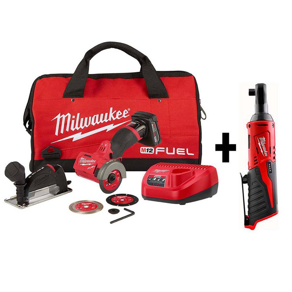 MW M12 FUEL 12V 3 in. Lithium-Ion Brushless Cordless Cut Off Saw Kit W M12 38 in. Ratchet 2522-21XC-2457-20