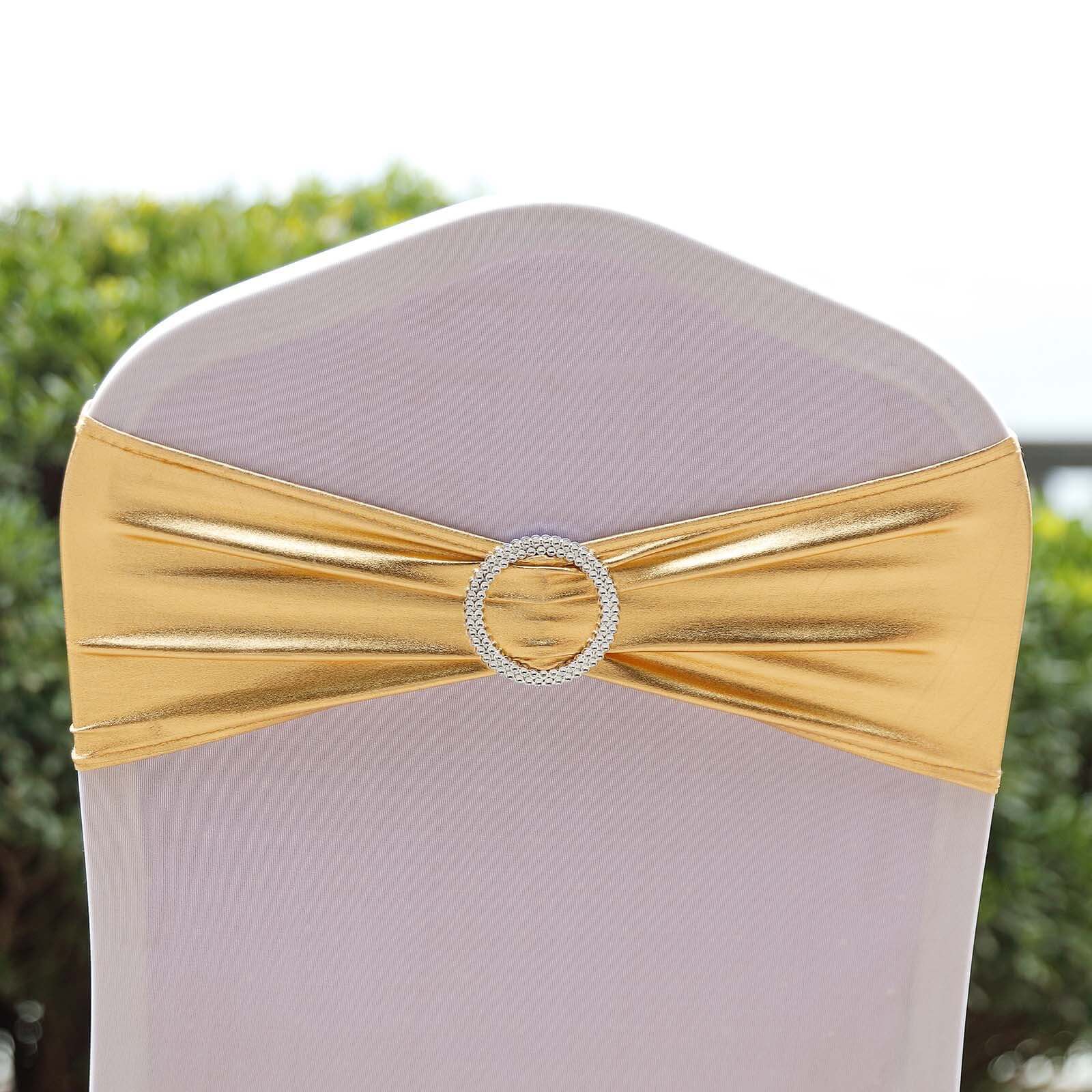 5 Pack Metallic Gold Spandex Chair Sashes With Attached Round Diamond Buckles