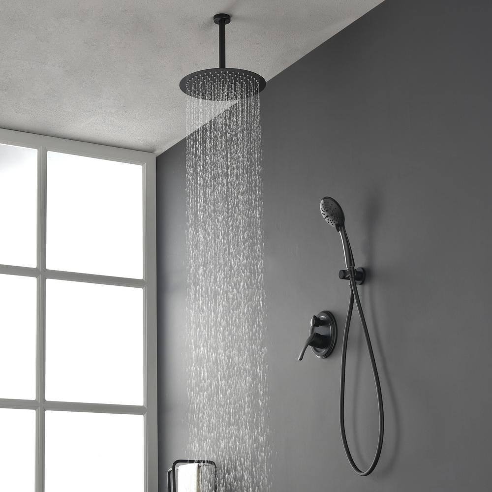 Boyel Living 5-Spray Patterns with 2.35 GPM 12 in. H Ceiling Mount Dual Shower Heads with Valve Included in Matte Black SMD-88041B-12