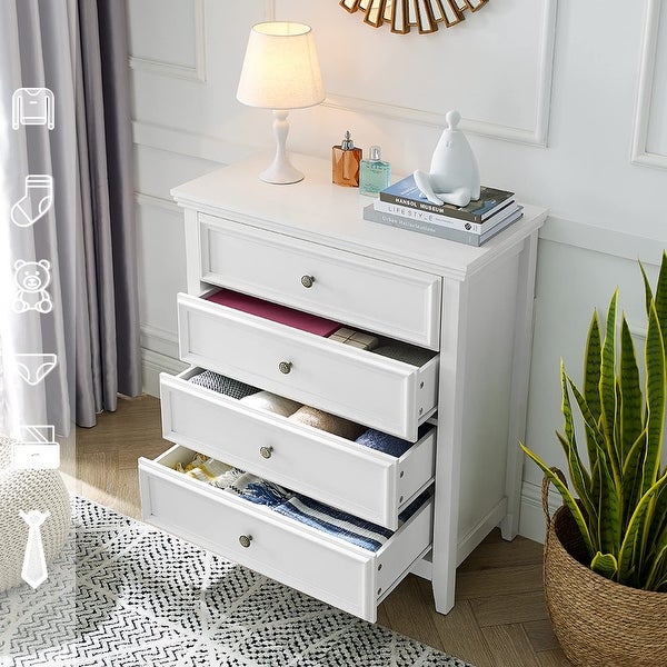 White Dresser for Bedroom， 4 Chest of Drawers Dresser Modern Wood Nightstand， Tall Clothes Organizer Cabinet Kids Dresser - - 37668678