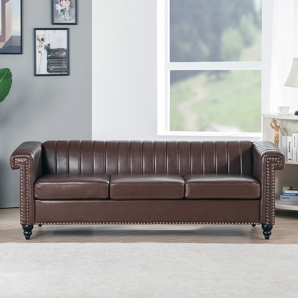 Removable Cushion Couch PU 3 Seater Sofa w/ Nailheads Square Arm  Brown