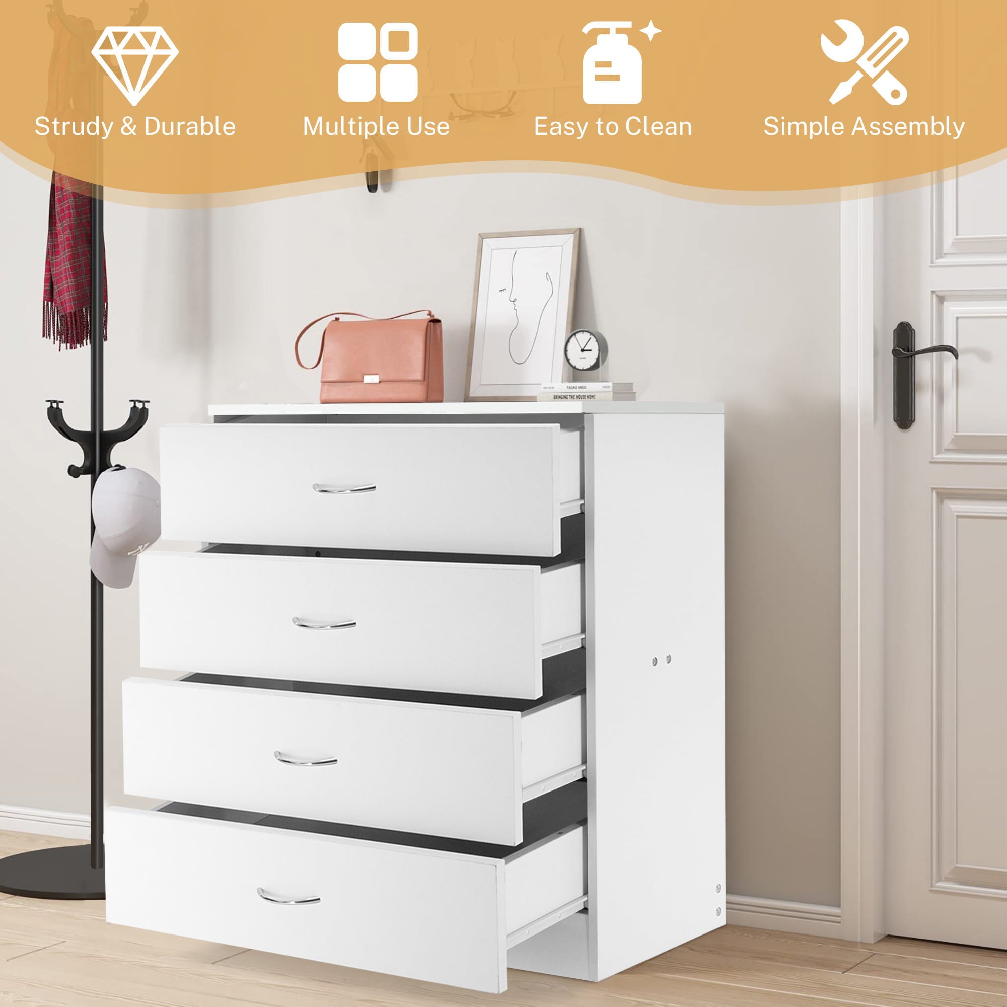 SYNGAR Modern White 4 Drawer Dresser, Small Wood Storage Cabinet with Easy Pull Handles, Dressers and Chests of Drawers, Organizer Unit for Bedroom, Living Room, Hallway, Closets, Nursery