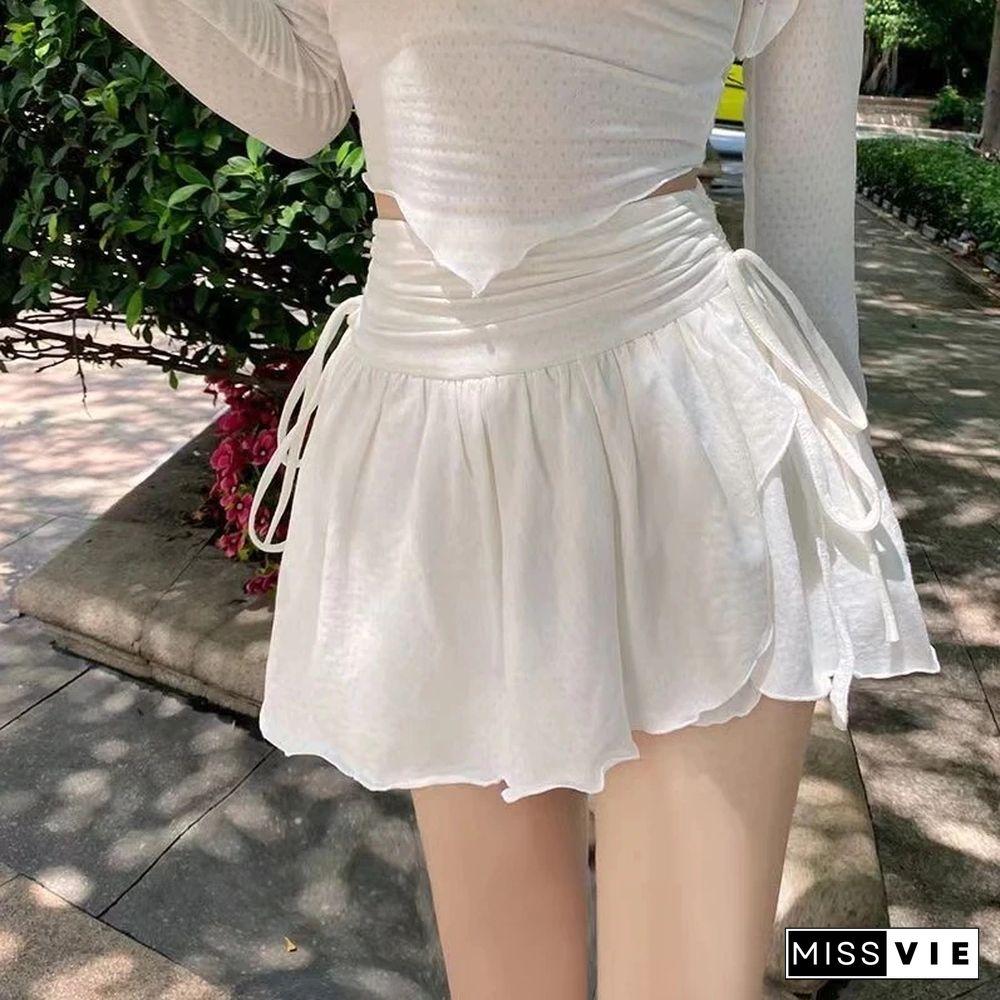 White Fluffy Mini Skirt Women Kawaii Drawstring Pleated A-line Short Cute Skirt High Waist Anti-glare Irregular Faldas