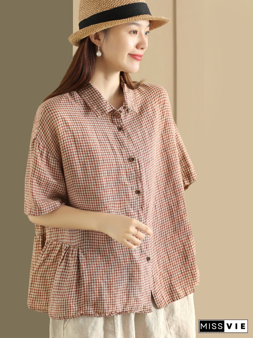 Plus Size Women Summer Casual Plaid Button Cardigan Linen Shirt