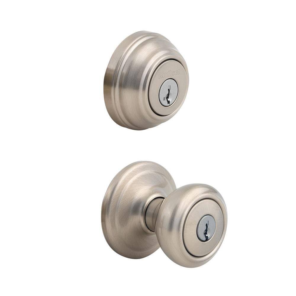 Kwikset Cameron Satin Nickel Exterior Entry Door Knob and Single Cylinder Deadbolt Combo Pack Featuring SmartKey Security 991CN 15 SMT CP K4