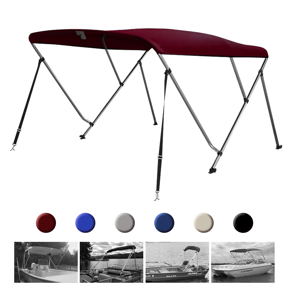 Seamander 3 Bow Bimini Top Boat Cover with Rear Support Pole and Storage Boot， Burgundy