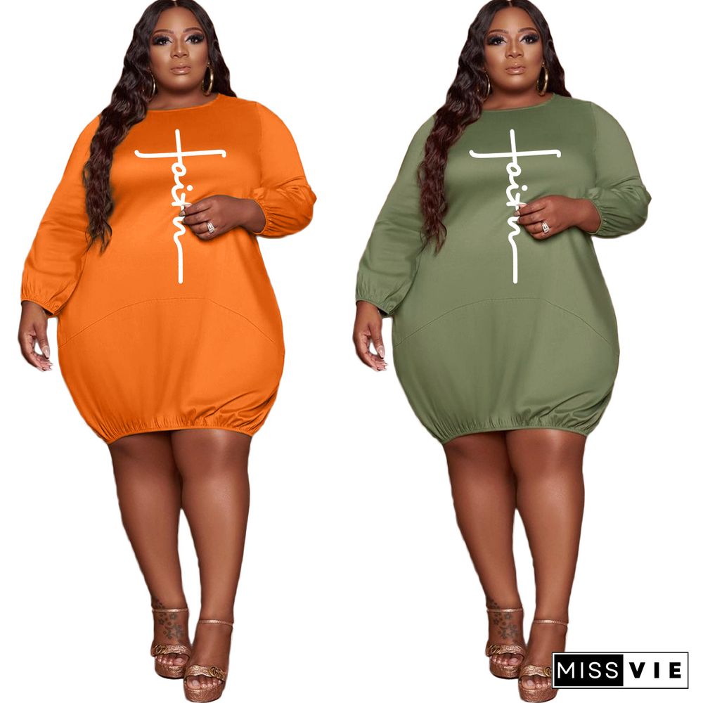 Plus Size Long Sleeve O Neck Loose Midi Dress