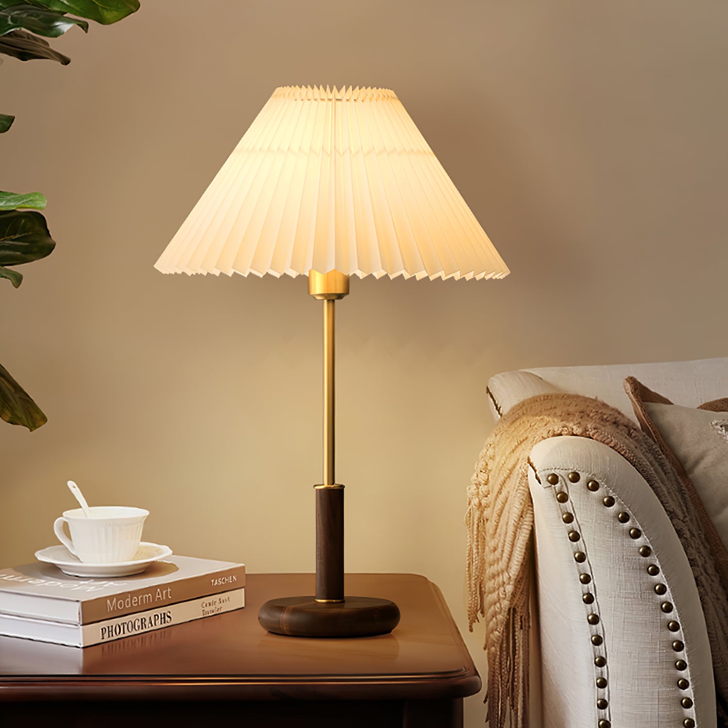 Pleated Walnut Table Lamp