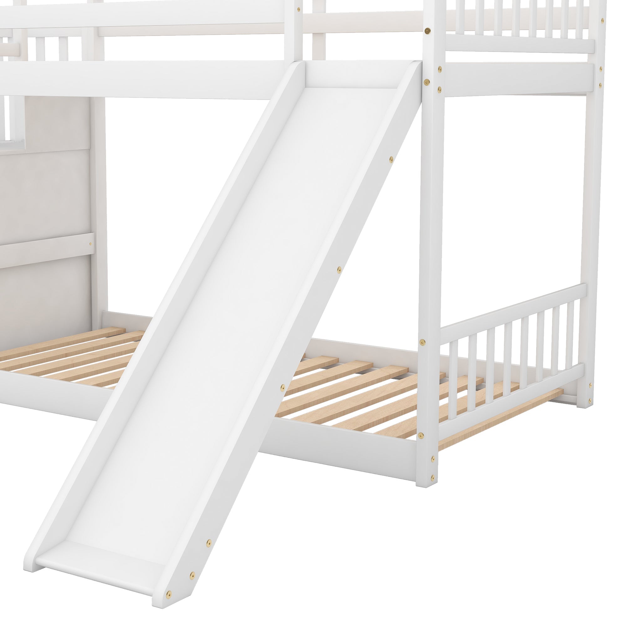 Euroco Twin over Twin Bunk Bed with Slide and Stairway for Kids' Room, White