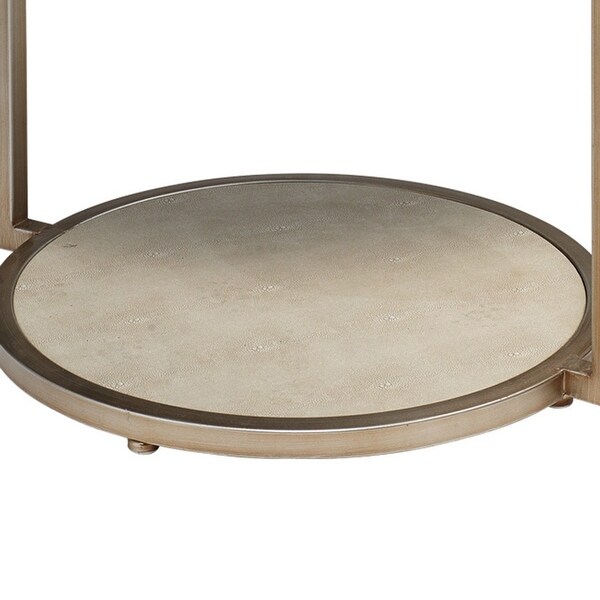 Metal Side Table with Round Top and Bottom， White and Gold