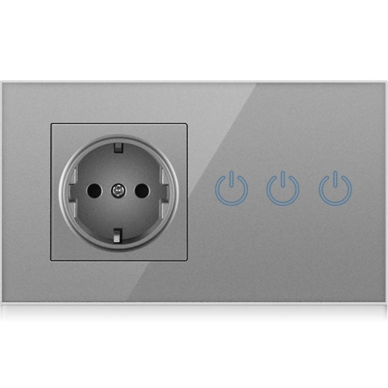 Eu Power Outlet Socket 100v~250v Triple Light Touch Switch 10a Gray Glass Panel German Wall Electrical Socket