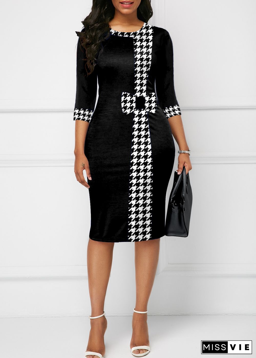 Houndstooth Print Bowknot Bodycon Dress