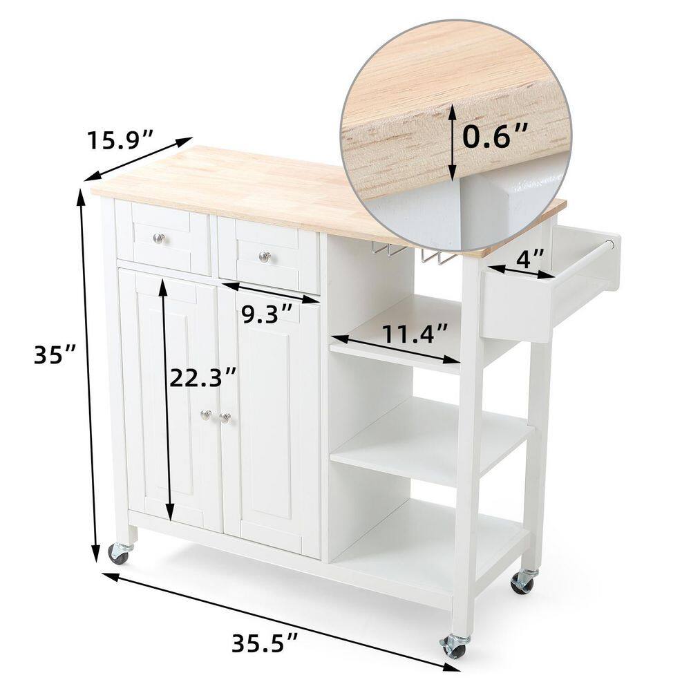 White Kitchen Island on Wheels Kitchen Cart with Cabinet 3-Layer Shelves Wood Countertop Mobile Storage Islands 1009-ISLAND-WHI