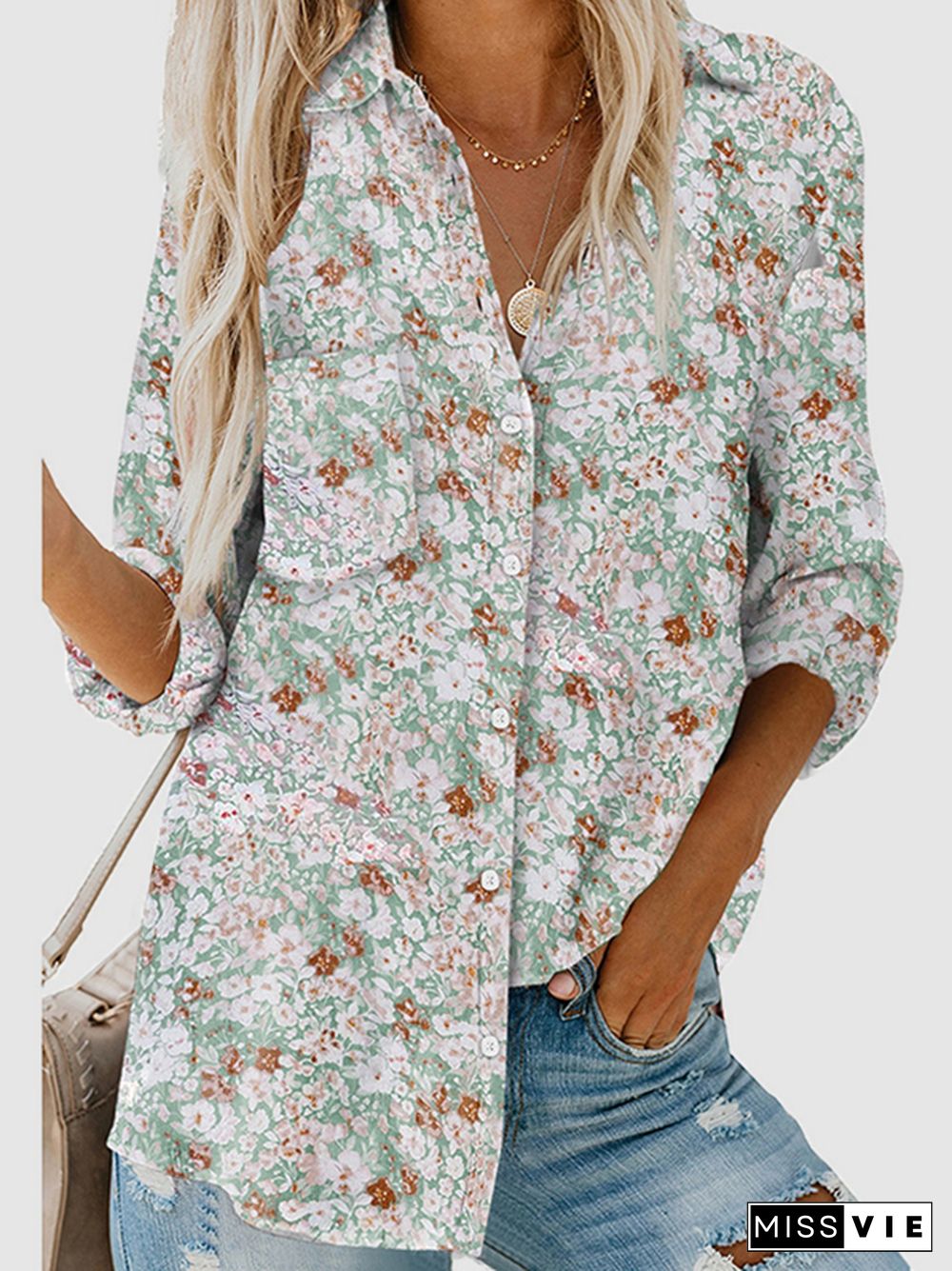 High-Low Long Sleeves Buttoned Flower Print Pockets Lapel Blouses&Shirts Tops