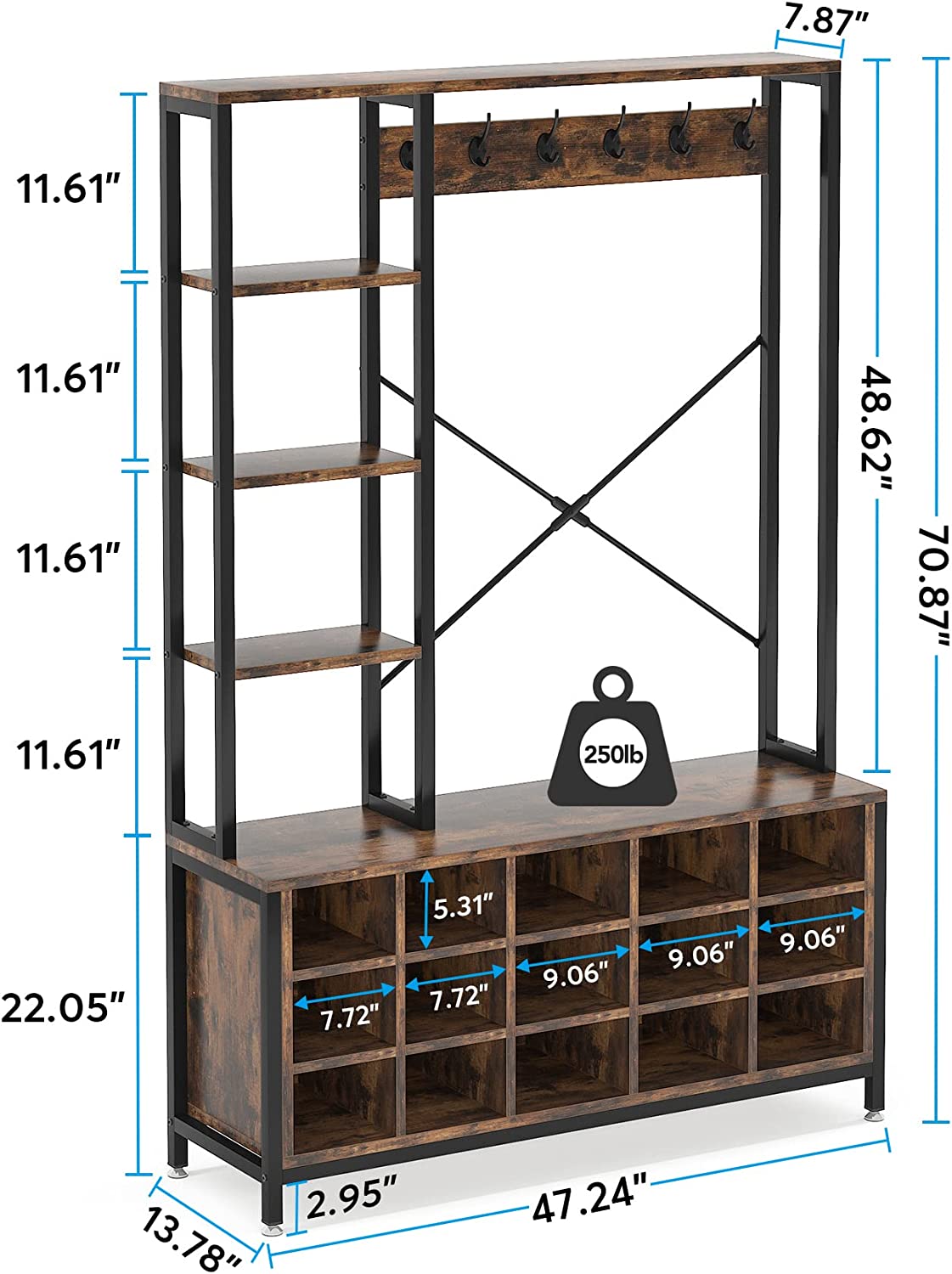 Tribesigns Entryway Hall Tree with Bench and Shoe Storage Bench with Coat Rack with Storage Shelves， Industrial Mudroom Bench with Shoe Storage and Coat Rack Hooks， Furniture for Hallway， Bedroom