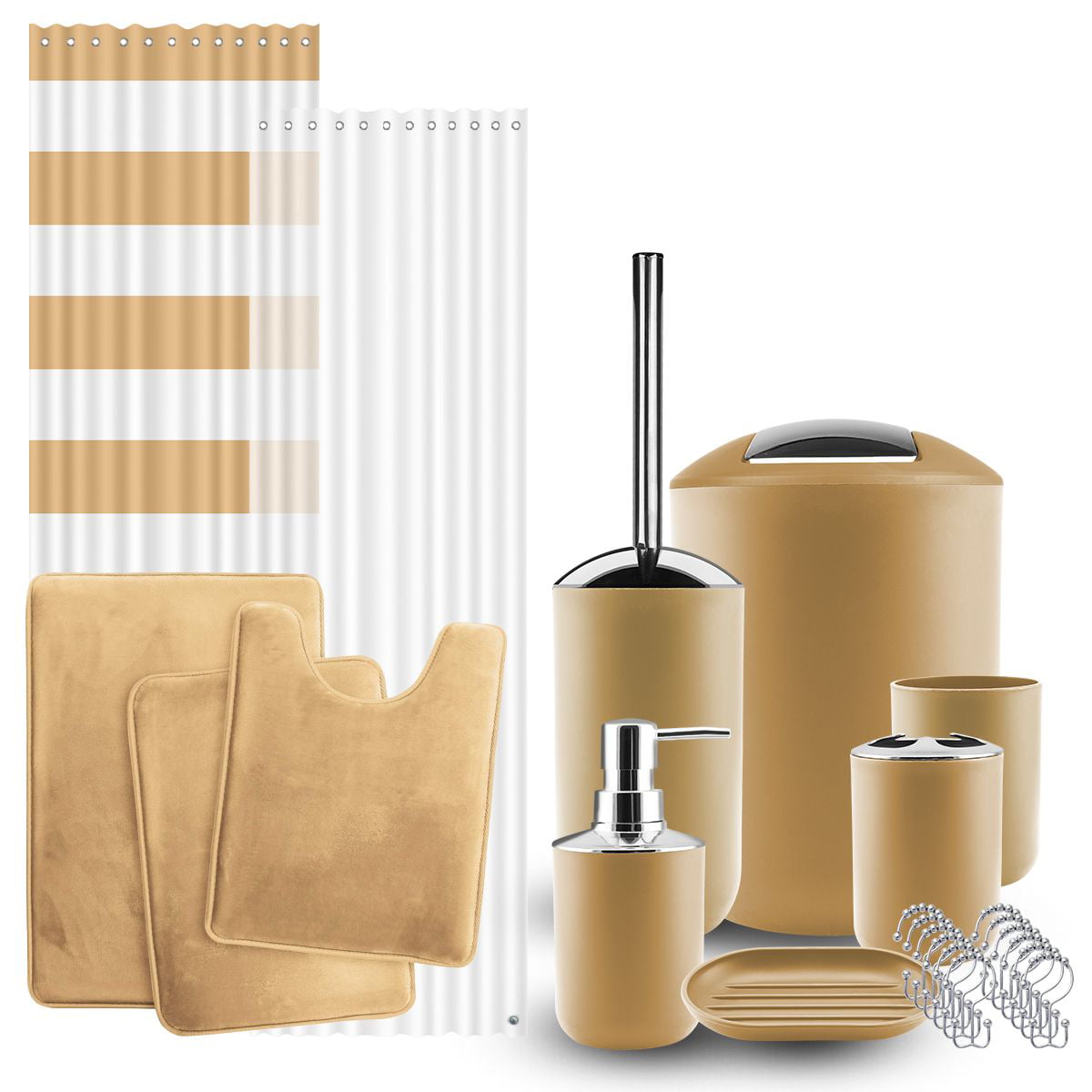 Clara Clark 12 Piece Bathroom Accessory Gift Set， Trash Can， Toothbrush Cup Soap Dish， Tumbler Toilet Brush with Holder， Gold Bathroom Décor， Bathroom Curtains Shower Set， Bath Rug Set Included