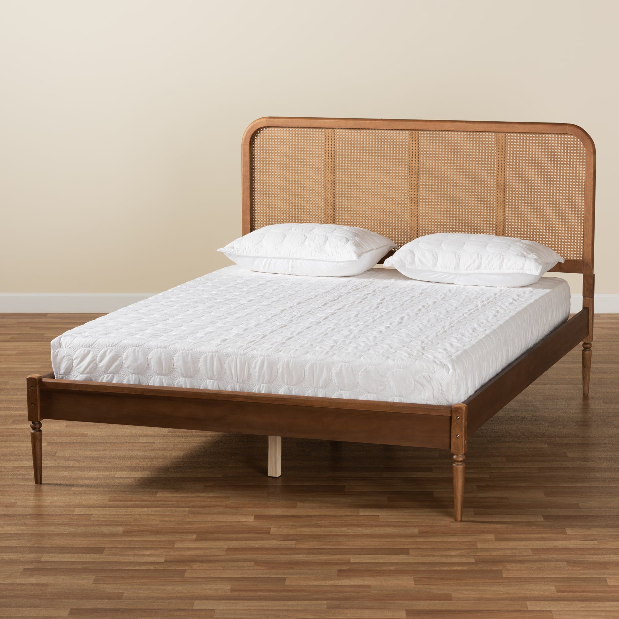 Baxton Studio Elston Mid-Century Modern Walnut Brown Finished Wood and Synthetic Rattan King Size Platform Bed