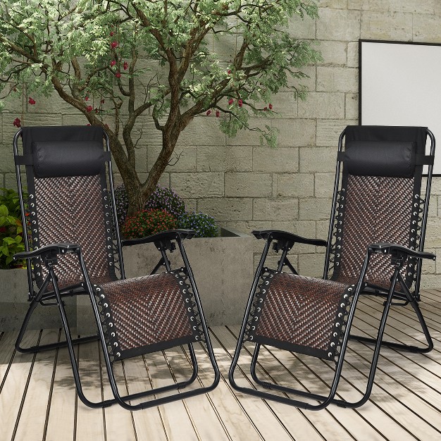 Tangkula Folding Recliner Patio Rattan Zero Gravity Lounge Chair With Headrest Brown