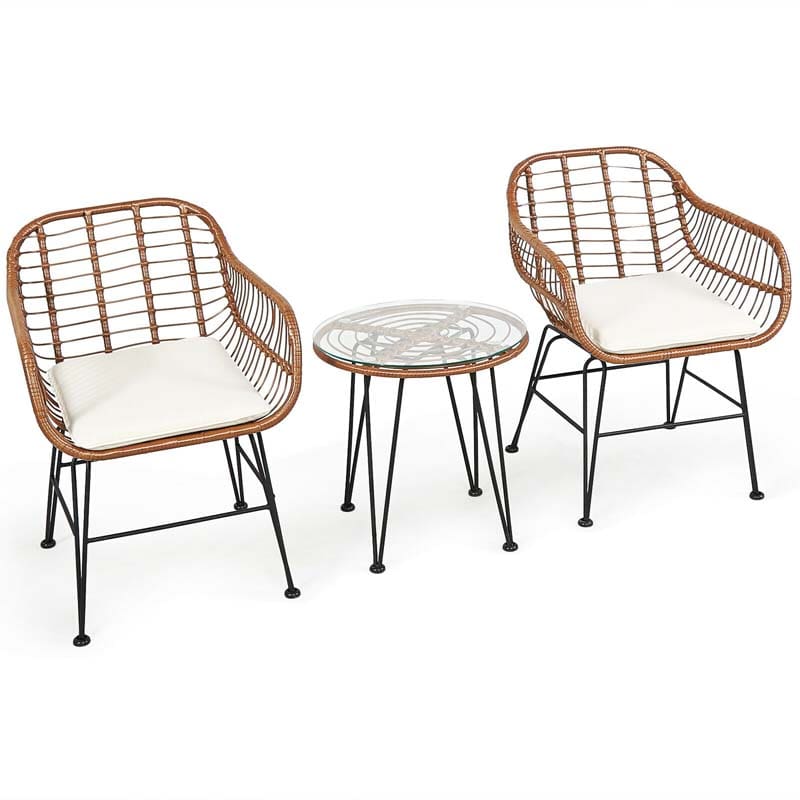 3 Pcs Patio Conversation Bistro Set Outdoor Rattan Furniture Set with Round Table & 2 Rattan Cushioned Armchairs