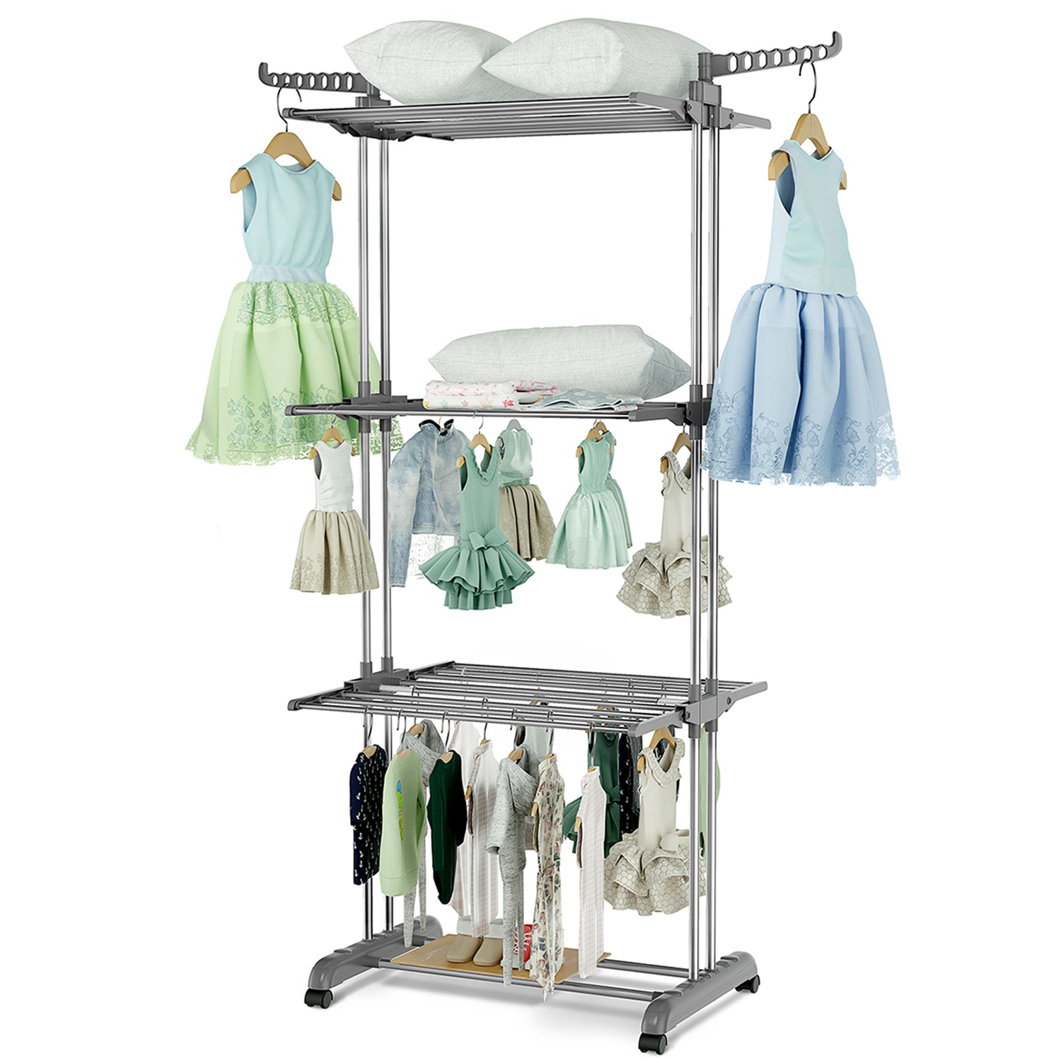 Bigzzia 3 Tiers Clothing Drying Rack,Stainless Steel Shoe Rack with Casters,Shelf for Storage,Stainless Steel Hanging Rods,Removable Drying Rack for Indoor and Outdoor Use,Gray.