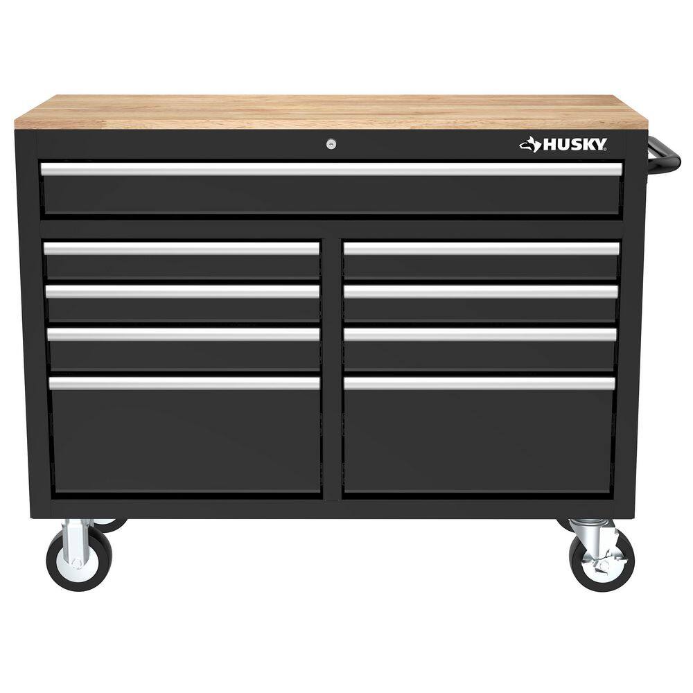 Husky 46 in. W x 18 in. D 9-Drawer Gloss Black Mobile Workbench Cabinet with Solid Wood Top H46X18MWC9BLK