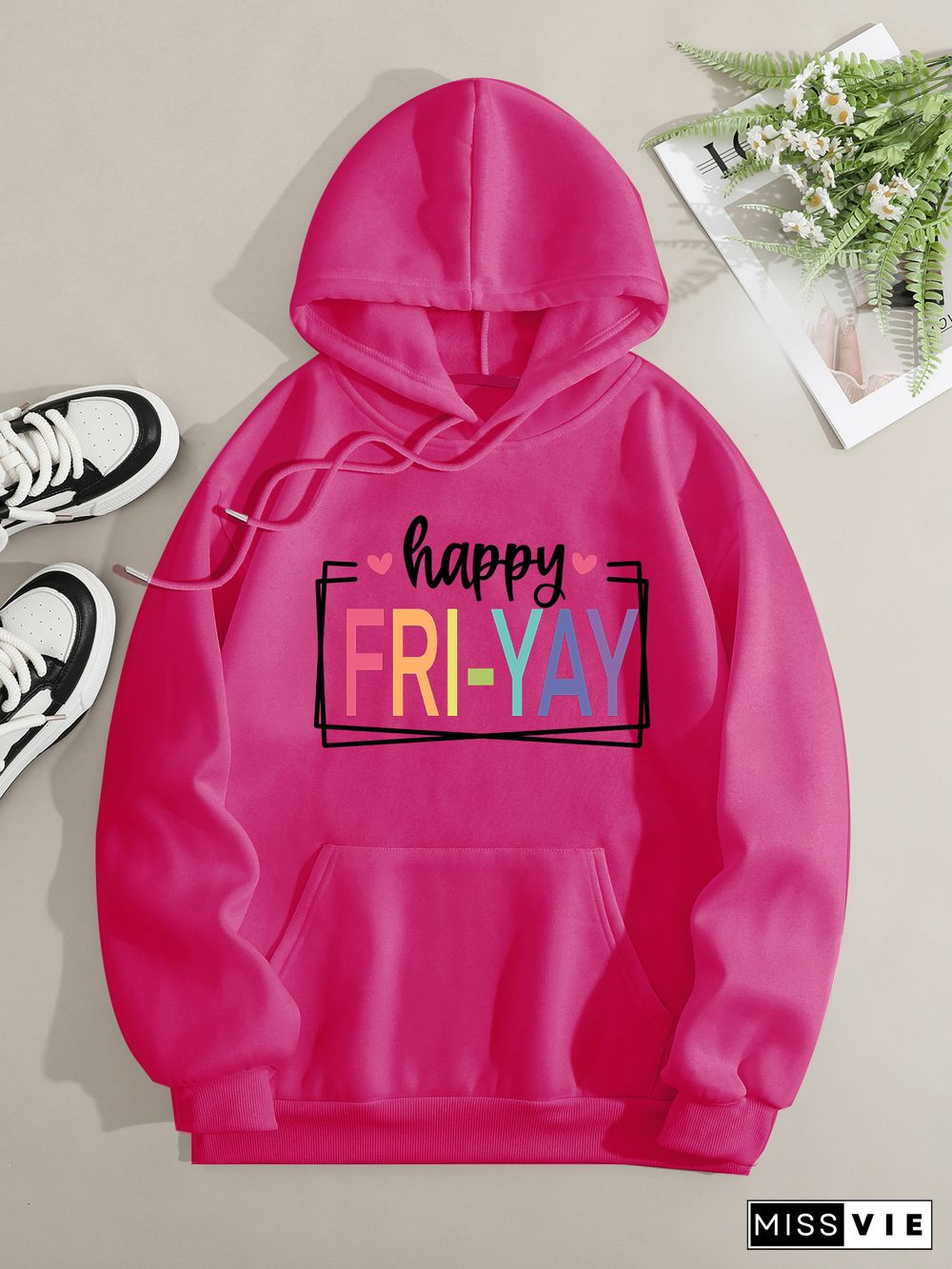 Printed on front Kangaroo Pocket Hoodie Long Sleeve for Women Pattern Happy friyay