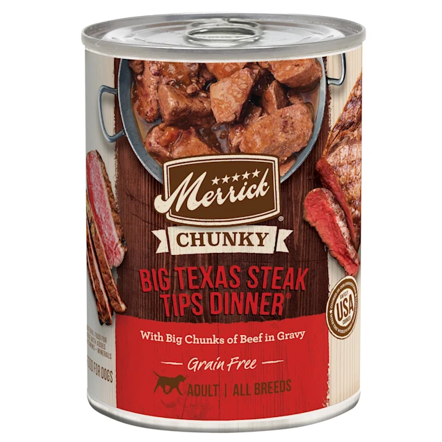 Merrick Grain Free Chunky Big Texas Steak Tips Dinner Canned Dog Food， 12.7 oz.， Case of 12