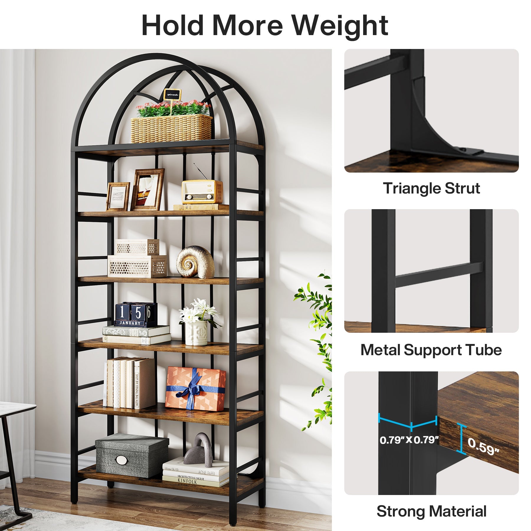 6-Tier Arched Bookshelf, 78.7 Industrial Bookcase Storage Shelving Unit