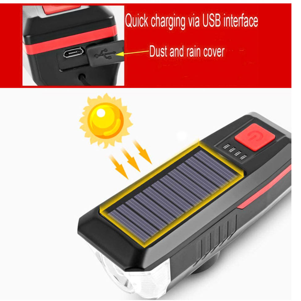 RTS Wholesale power solar bike handlebar t6 led  bicyclelights waterproof IP65 USB 1200mah rechargeable horn bicycle light