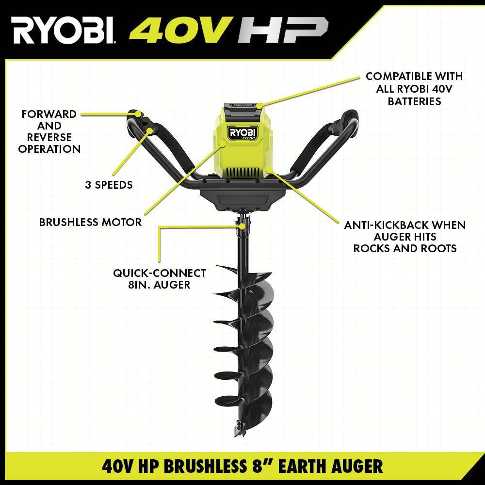 RYOBI 40V HP Brushless Cordless Earth Auger with 8 in. Bit with 4.0 Ah Battery and Charger RY40710