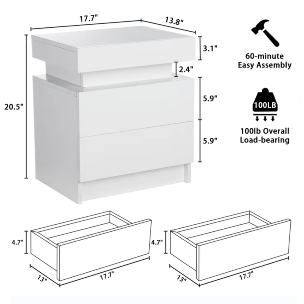 High Gloss Bedside Table Thicken LED Nightstand Cabinet With 2 Drawers,Brighten LED Light Strip Remote Control,White (High Quality Upgraded Version)