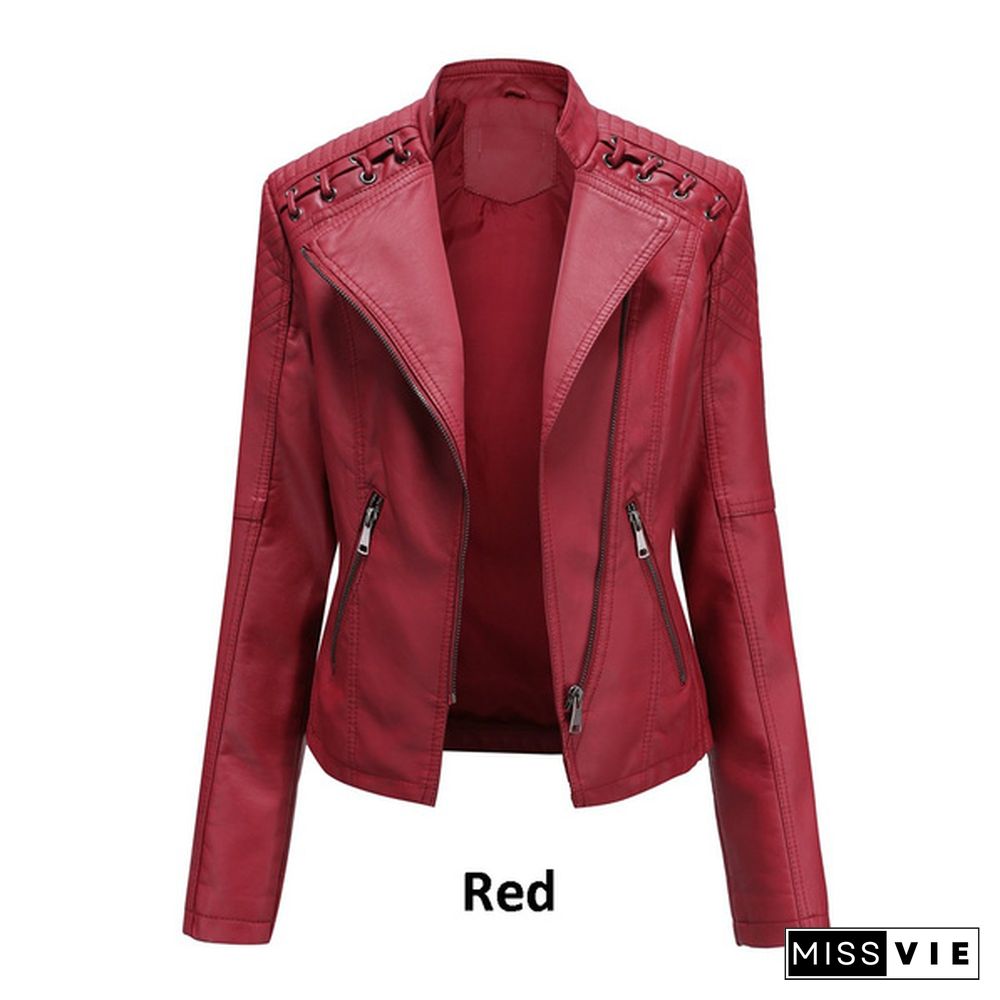 New Autumn Women Leather Slim Stand-up Collar Jacket Female Zipper Solid Long-sleeved Faux Leather Motorcycle Coat