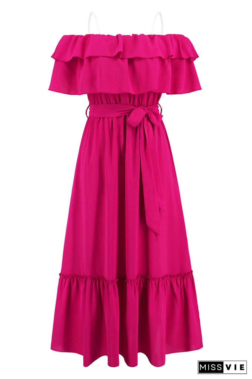 Plain Off Shoulder Ruffles Maxi Dress With Sash