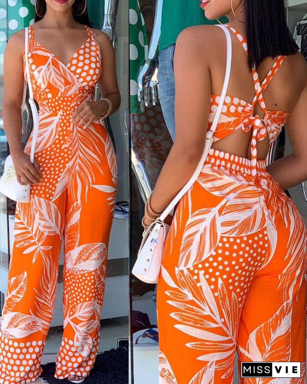 Tropical Print Spaghetti Strap Jumpsuit