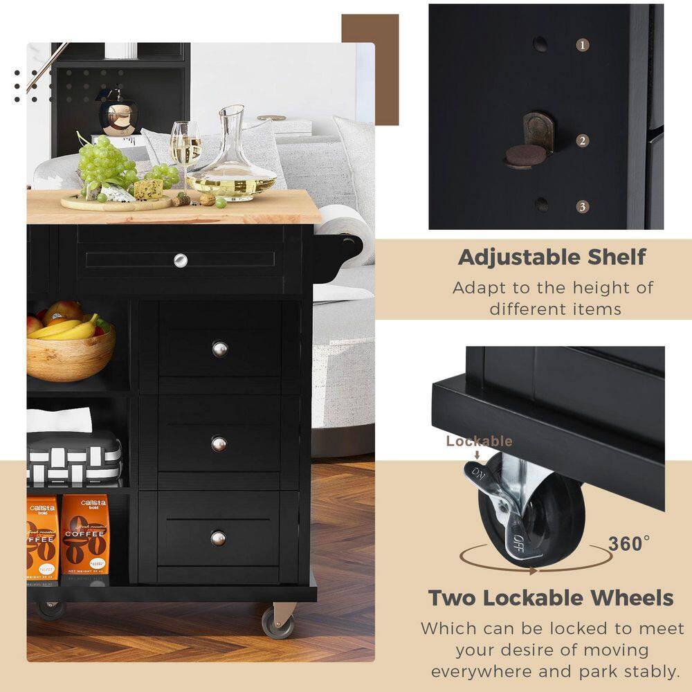 Black Kitchen Island on 5-Wheels with Storage and 5-draws Rubber Wood Desktop VJ1208KIsland12