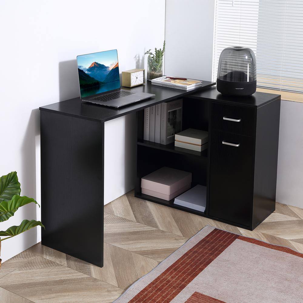 HOMCOM 46 in. L-Shaped Black Writing Computer Desk with Storage Shelves and Cabinet 836-073V80BK