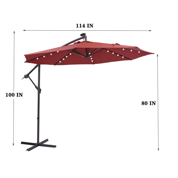 9 Ft Solar Umbrella LED Lighted Outdoor Umbrella Patio Umbrella Table Market Umbrella with Tilt and Crank for Garden, Deck, Backyard, Pool and Beach, Red