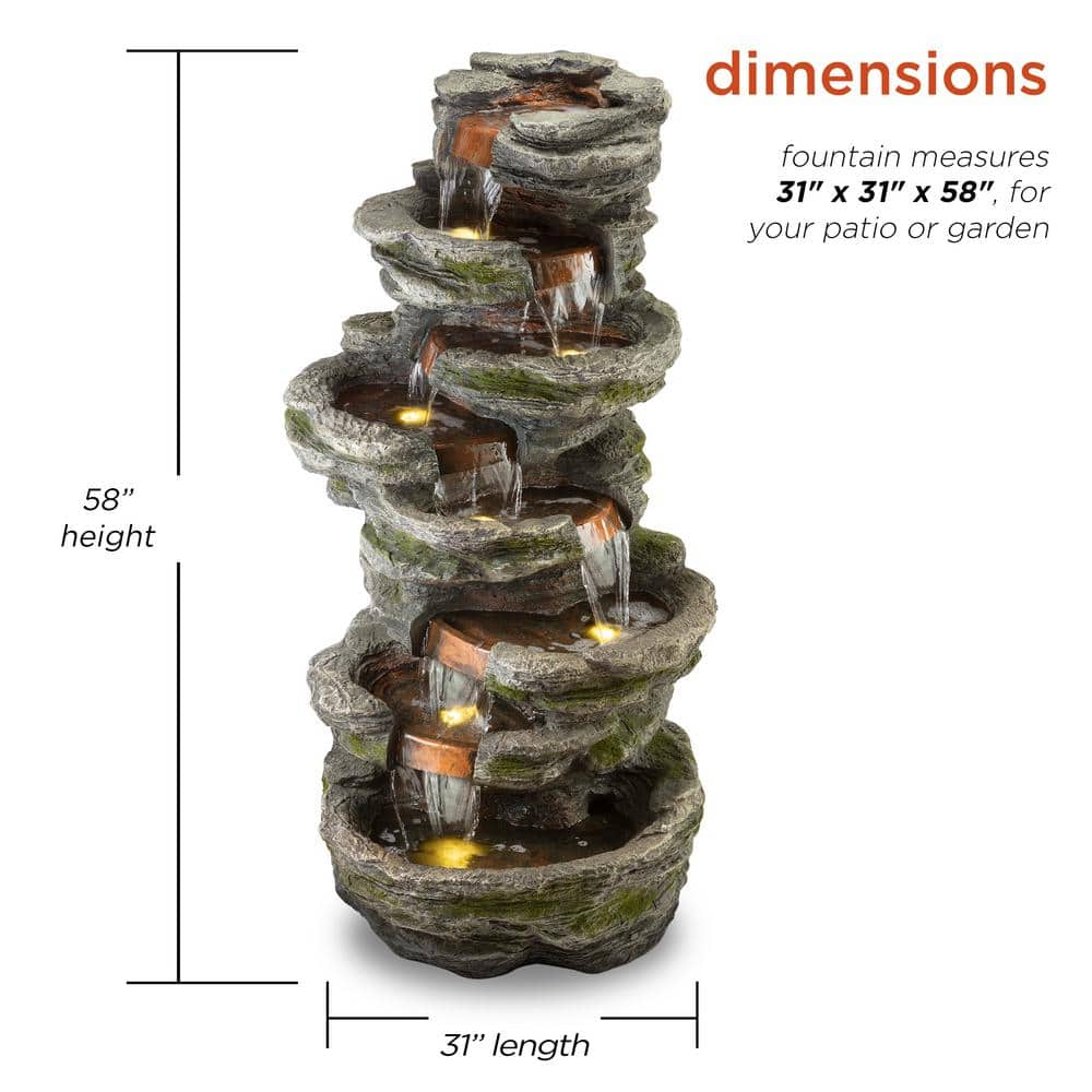 Alpine Corporation 58 in. Tall Outdoor 8-Tier Rainforest Rock Water Fountain with LED Lights WIN1146