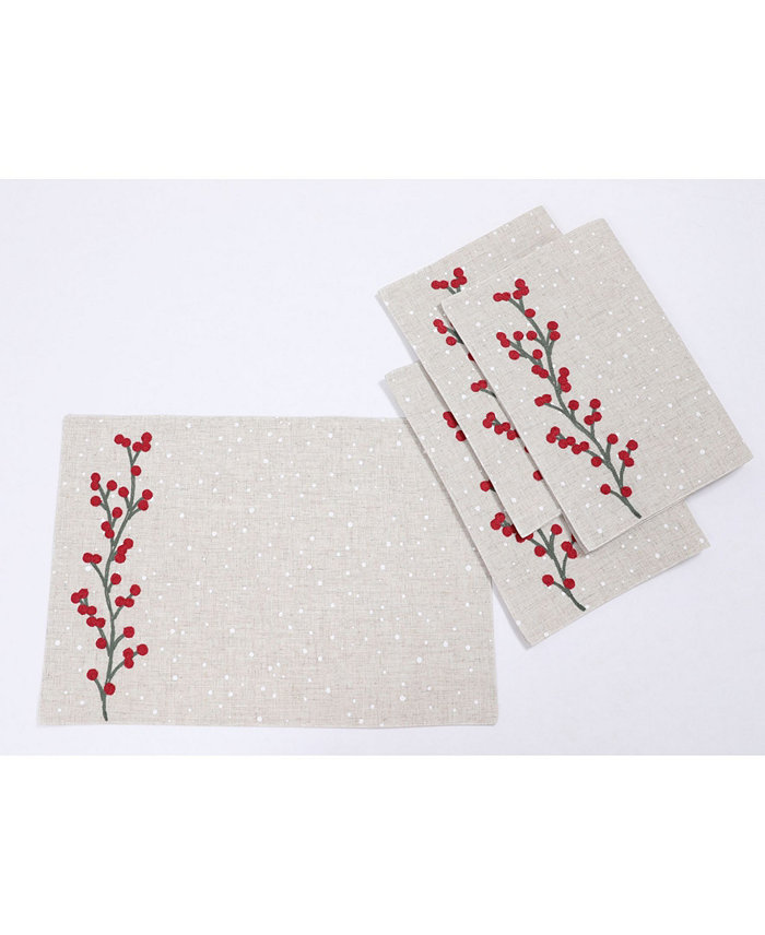 Manor Luxe Holly Berry Branch Crewel Embroidered Christmas Placemats Set of 4