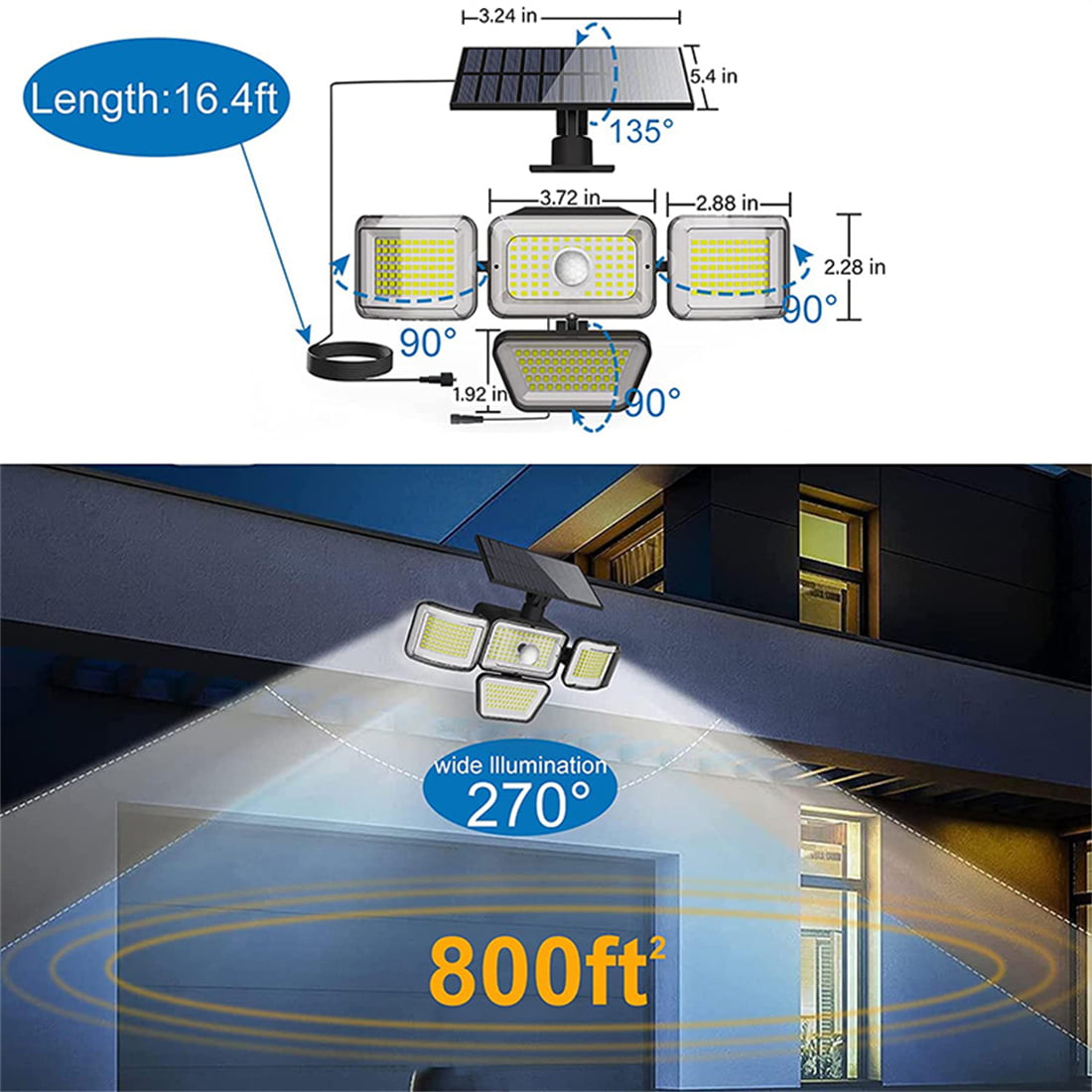 Solar Outdoor Lights Wall Lamp， 278LED 4 Heads Solar Flood Lights with Remote Control， Solar Motion Sensor Security Lights for Garage Yard， IP65 Waterproof