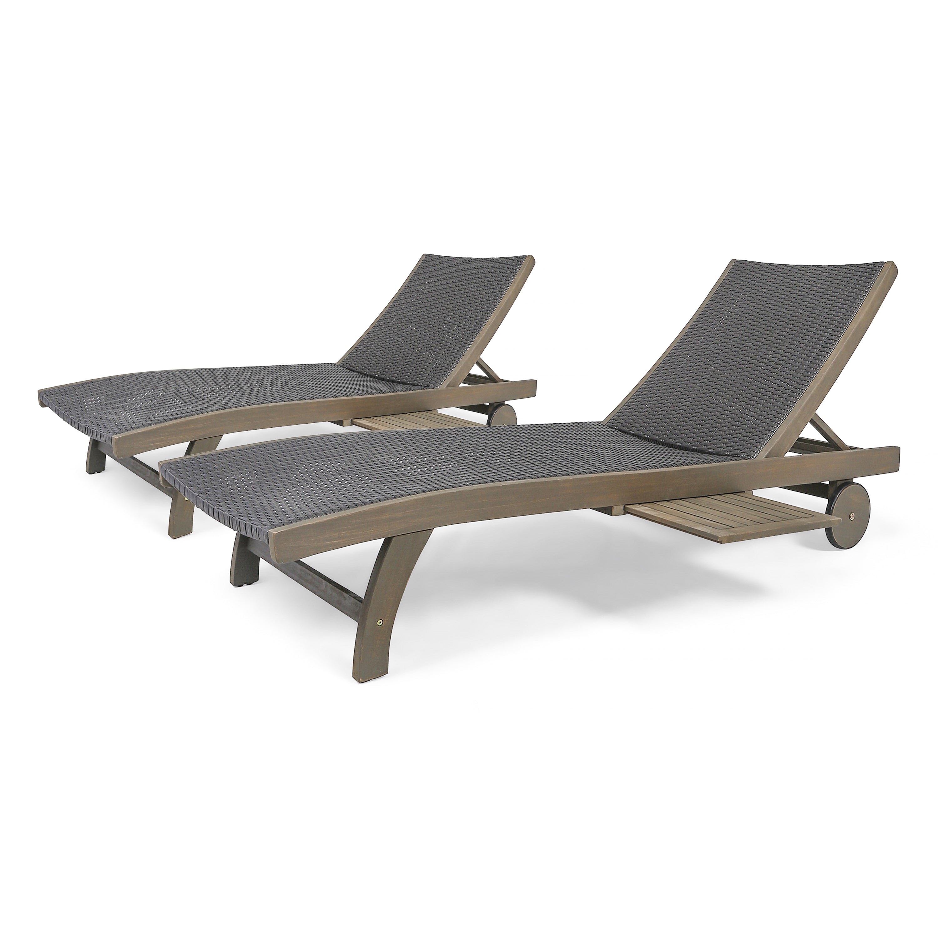 Yedda Outdoor Wicker and Wood Chaise Lounge with Pull-Out Tray