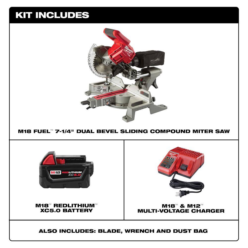 MW M18 FUEL 18V Lithium-Ion Brushless Cordless 7-14 in. Dual Bevel Sliding Compound Miter Saw Kit wOne 5.0Ah Battery 2733-21