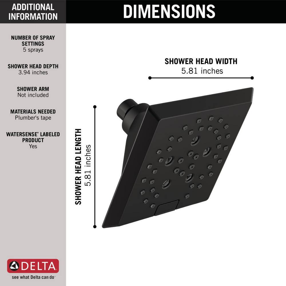 Delta Pivotal 5-Spray Patterns 1.75 GPM 5.81 in. Wall Mount Fixed Shower Head with H2Okinetic in Matte Black 52664-BL