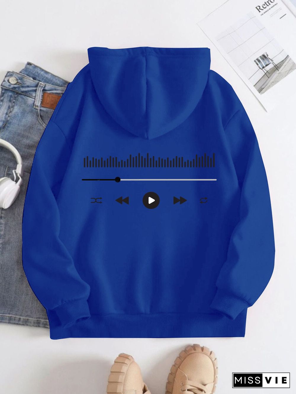 Printed on the Back Kangaroo Pocket Hoodie Long Sleeve for Women Pattern Music Player