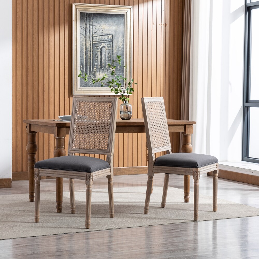 French Style Rattan Back Dining Chairs with Linen Fabric Upholstered Accent Side Chairs and Solid Wood Legs Seat of 2