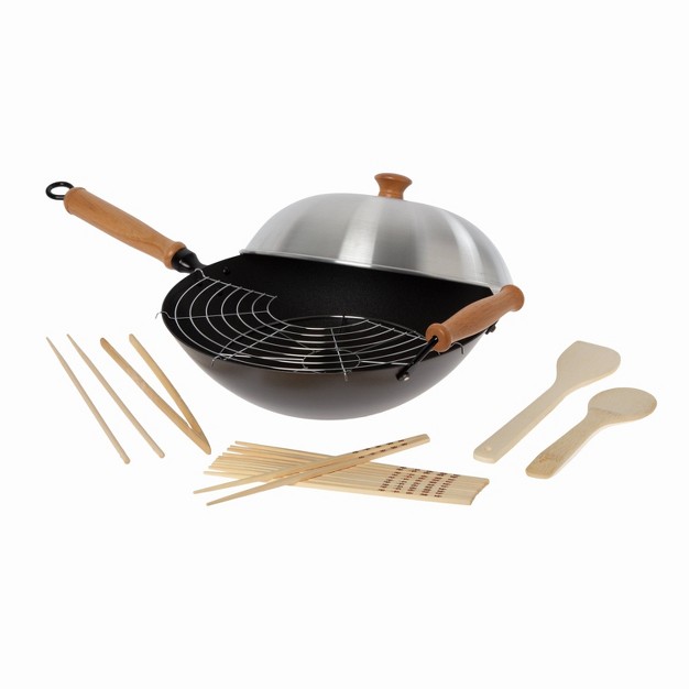 Carbon Steel Excalibur Nonstick Flat Bottom Wok With Maple Handles Silver