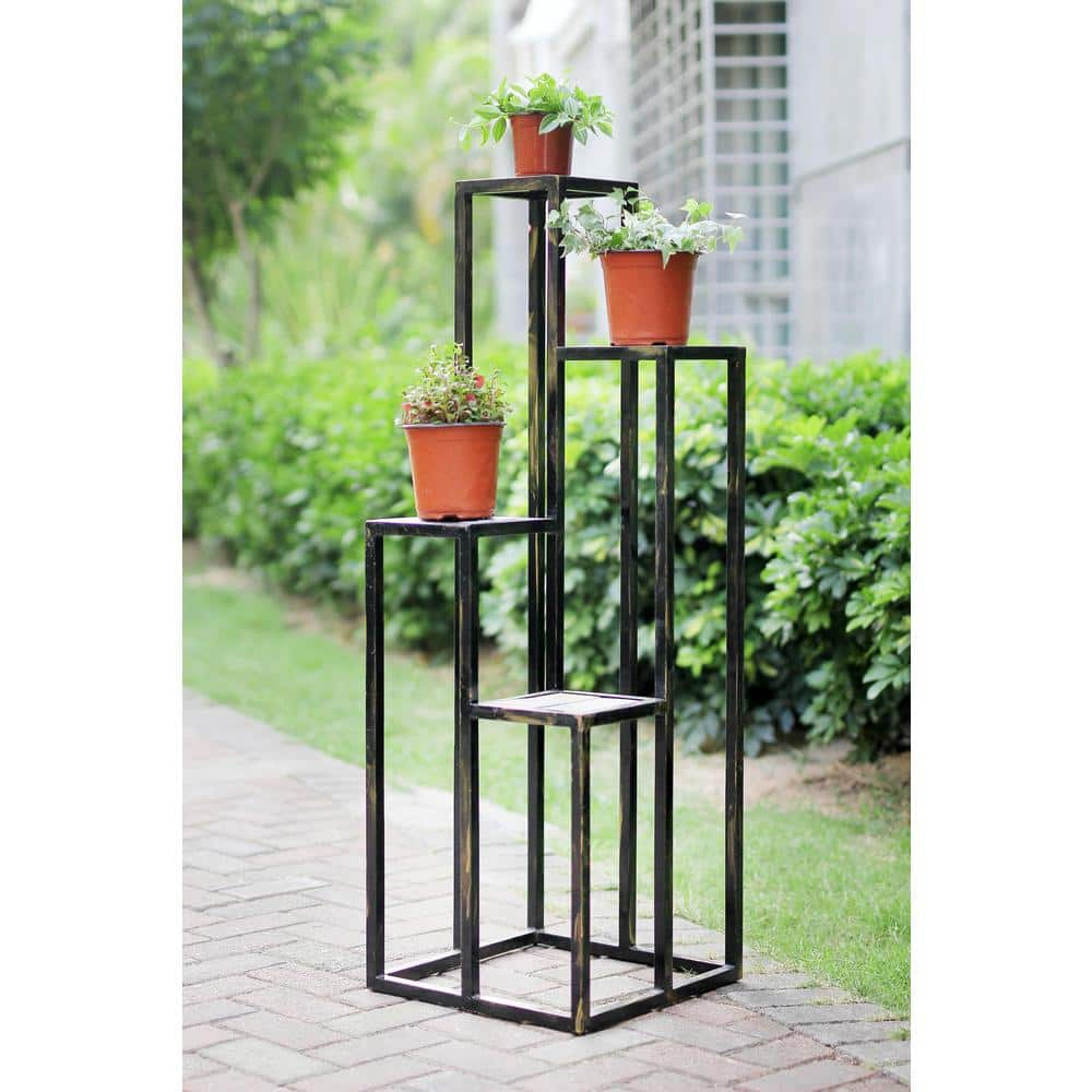 ORE International 47.25 in. 4-Tier Gray Stone Slab Black/Gold Square Cast Metal Indoor Plant Stand LB-1714B