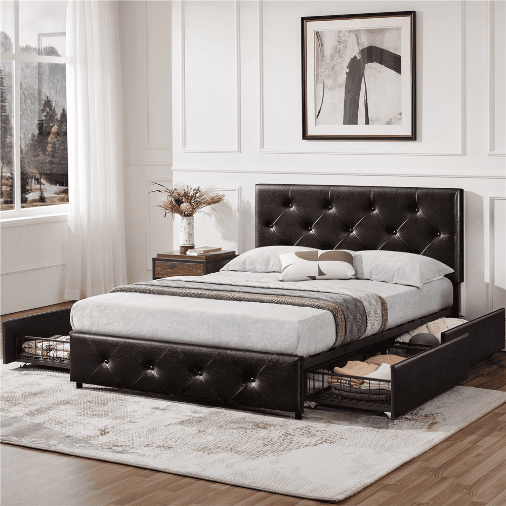 Easyfashion Upholstered Platform Bed with Storage, Brown, Full