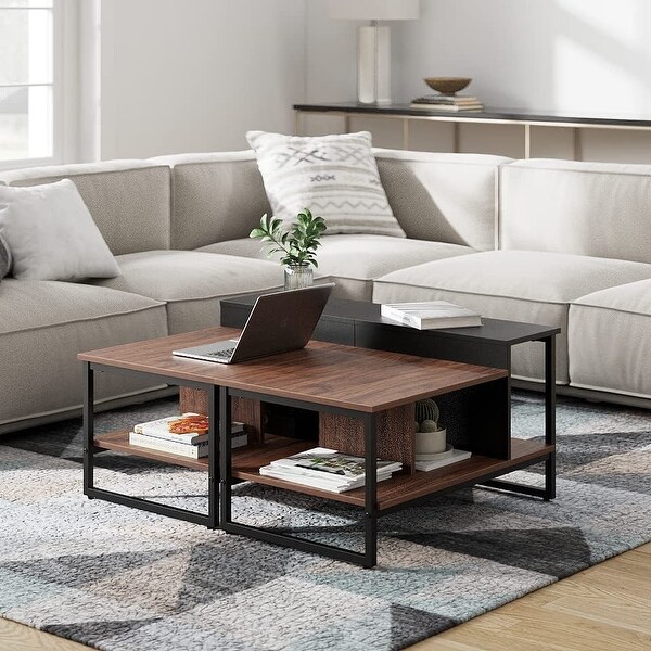 Farmhouse Glass Coffee Table with Storage， Metal Wood - 39.3 x 23.6 x 17.7