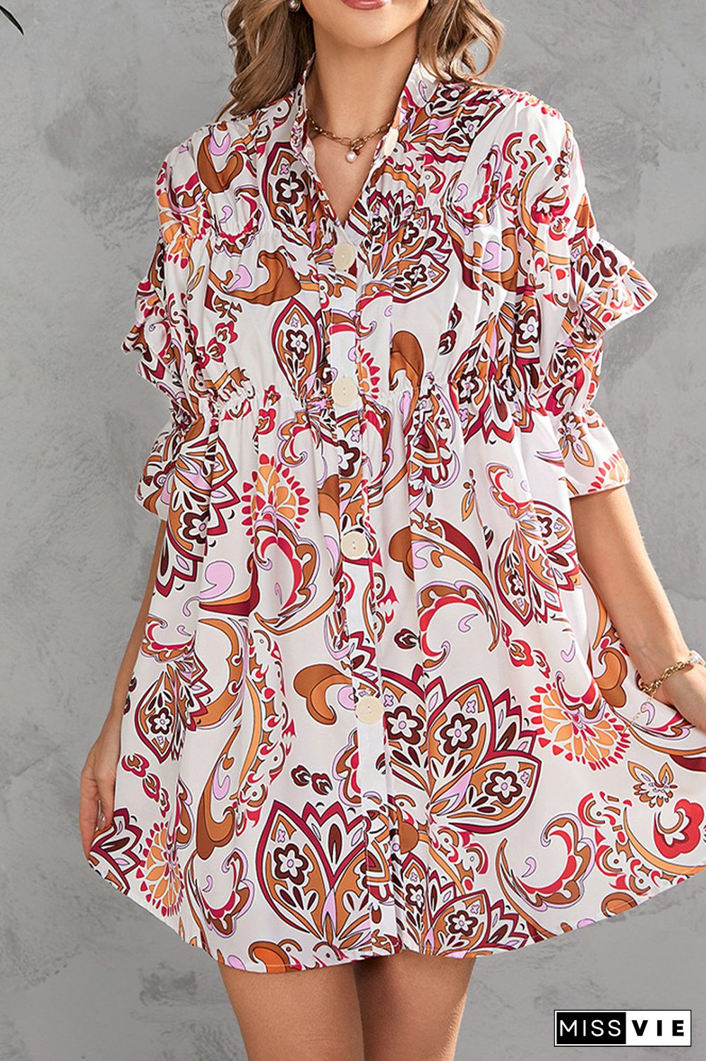 Half Sleeves Floral Button Up SHirt Dress